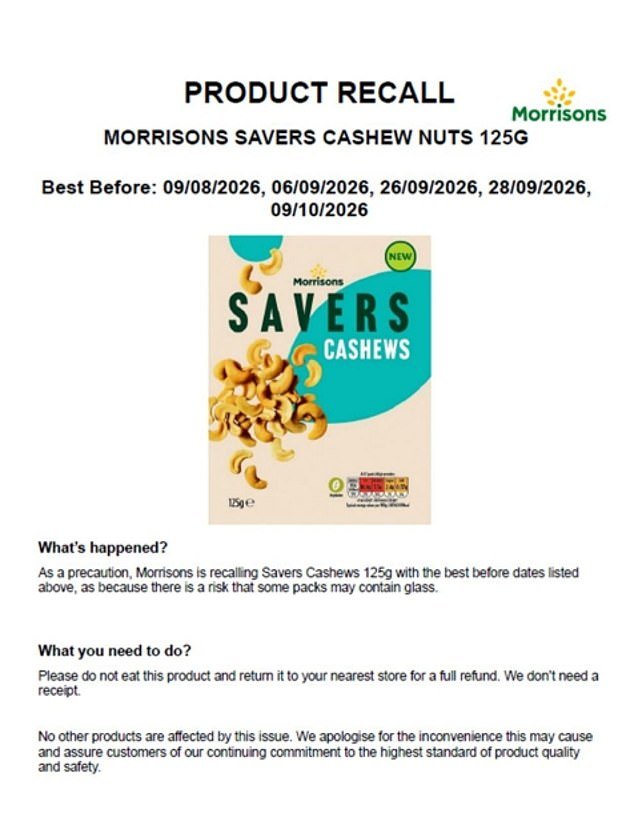 Morrisons issues urgent recall after shards of glass are found in packets of nuts: ‘Do NOT eat, return to store’